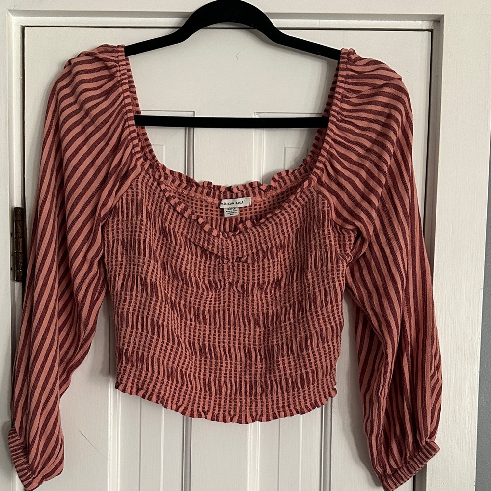 American Eagle Striped Smocked Puff Sleeve Crop Blouse Red Pink Cottagecore Boho